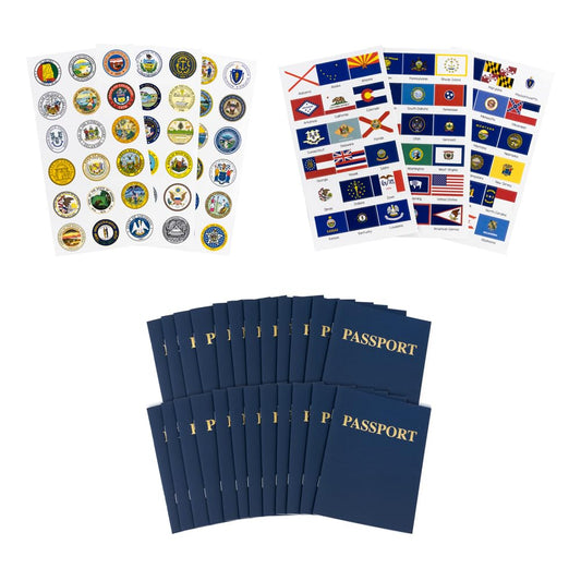 Hygloss Products 24 Blank Passport Books with 108 US State Flags and Seals Stickers, for Kids and Teachers, Includes All 50 United State Flags and Seals