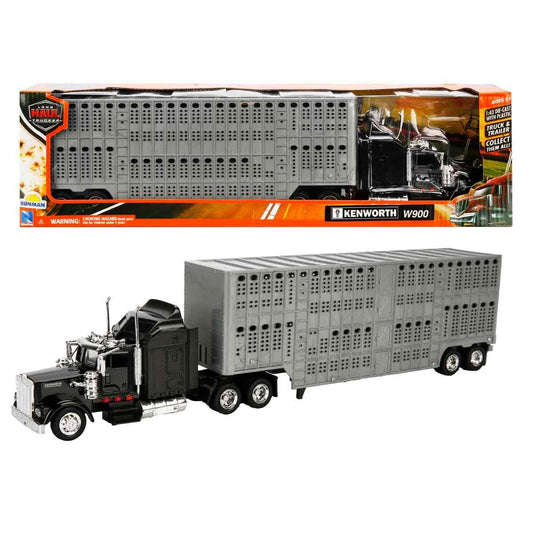 New Ray Toys 1/43 D/C Kenworth W900 Pot Belly Livestock Trailer