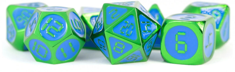 FanRoll by Metallic Dice Games 16mm Metal Polyhedral DND Dice Set: Green w/Blue Enamel, Role Playing Game Dice for Dungeons and Dragons