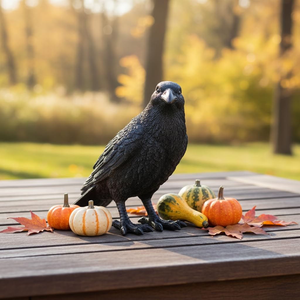 Comfy Hour Fairyland Collection 7" Black Feather Standing Crow Bird Halloween Decorative Figurine, Black, Polyresin