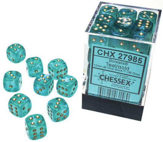 Chessex Borealis 12mm d6 Teal/Gold Luminary Dice Block (36 dice) (27985)