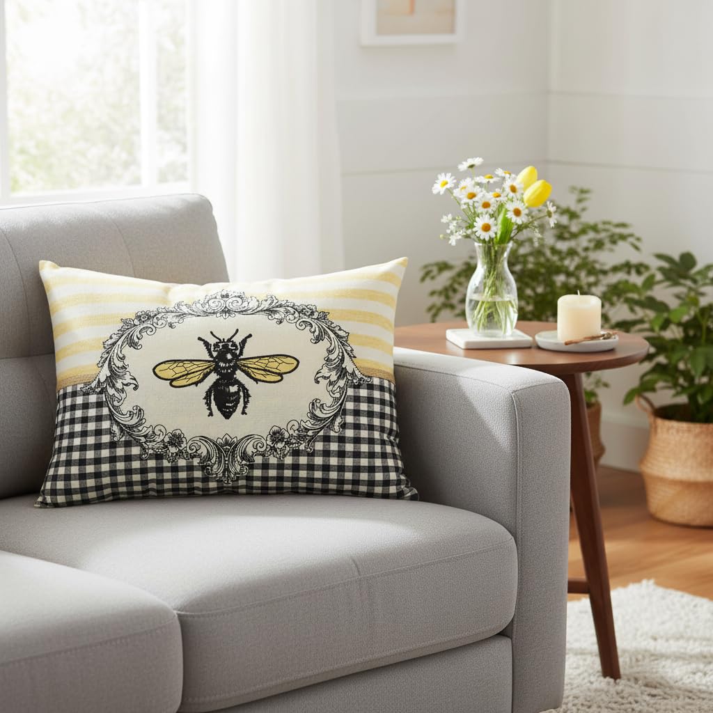 Comfy Hour Spring Is Here Collection Spring Bee and Flower Accent Pillow Throw Pillow Decorative Cushion, 18"x13", Polyester