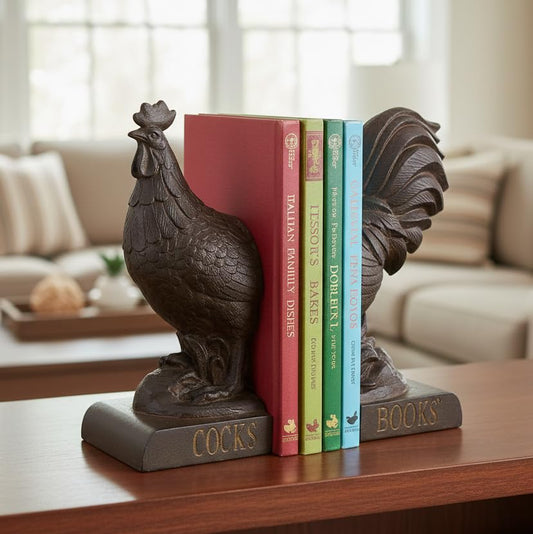 Comfy Hour Farmhouse Home Decor Collection 9" Length 6" Height Set 2 Rooster Design Bookends Art Bookend, 1 Pair, Antique Style, Heavy Weight, Rusty Effect, Polyresin