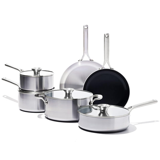 Cookware Company OXO Mira Tri-ply Stainless Steel, 10 Piece Cookware Pots and Pans Set including Ceramic Nonstick Frying Pan, Induction, Multi Clad, Dishwasher and Metal Utensil Safe
