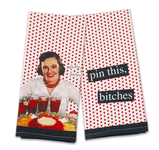 Boston International Anne Taintor Cotton Kitchen Dishcloth Tea Towels, Set of 2, 28 x 18-Inches, Pin This Bitches