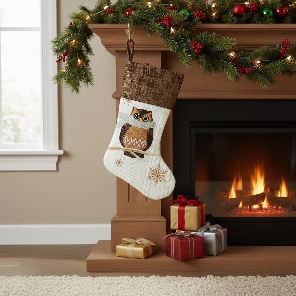 Comfy Hour 18 Inch Owl Christmas Stocking, Rustic Woodland Decor