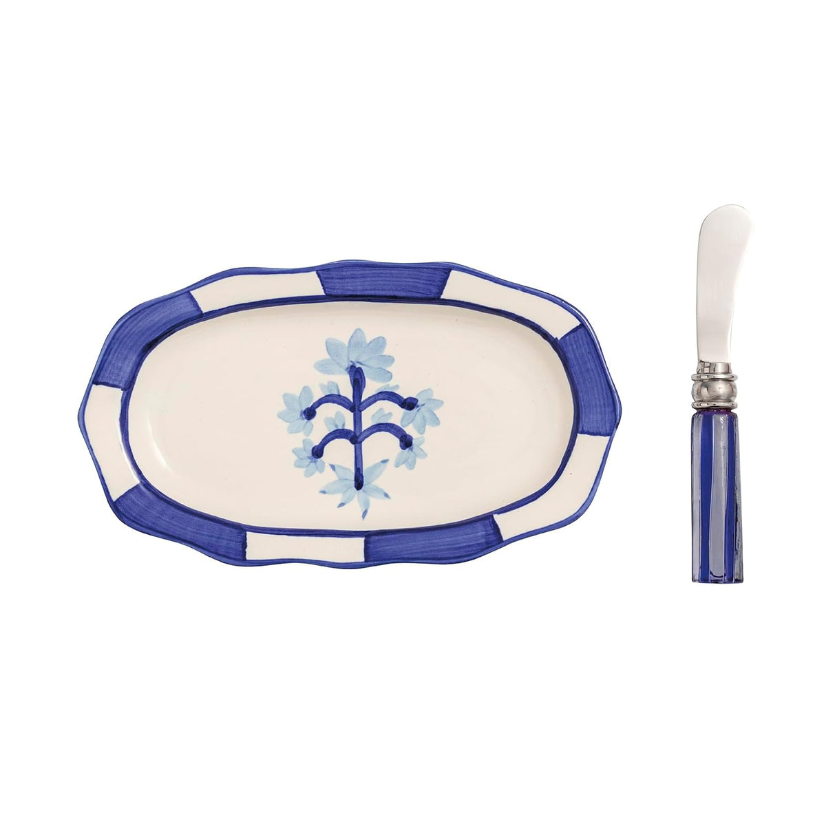 Mud Pie Dishware Plate, plate 4 3/4" x 8 1/4" | spreader 5 1/2", Blue Flower