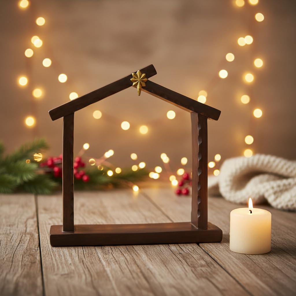 Comfy Hour 9.1 Inch Nativity Stable, Rustic Creche with Star