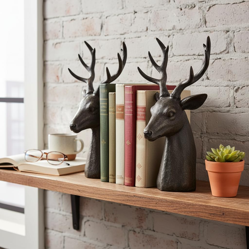 Comfy Hour Farmhouse Collection Resin Set Of 2, Deer Head Art Bookends, Solid Heavy Weight, Black