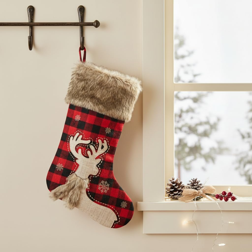 Comfy Hour 20 Inch Deer Christmas Stocking, Buffalo Plaid, 1 Piece