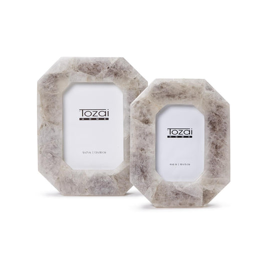 Two's Company White Quartz Set of 2 Octagon Photo Frame in Gift Box - MDF/Genuine White Quartz/Glass