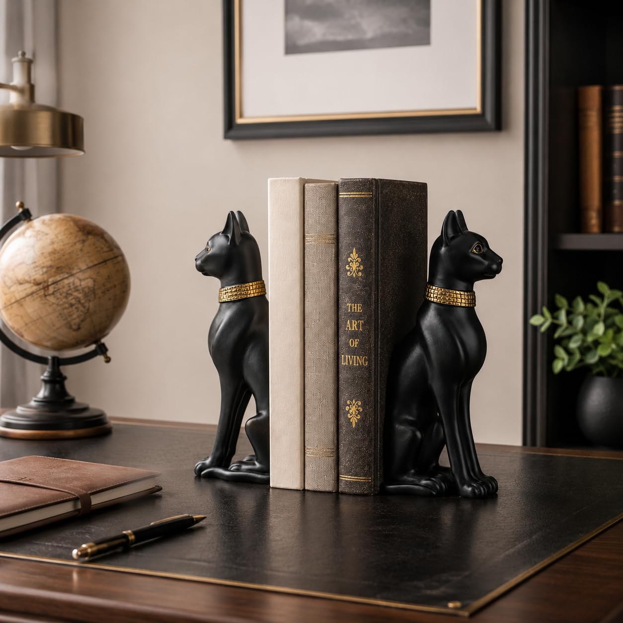 Comfy Hour Farmhouse Home Decor Collection Polyresin Solid Heavy Set of L/R Egyptian Cats Art Bookends, 1 Pair, Black