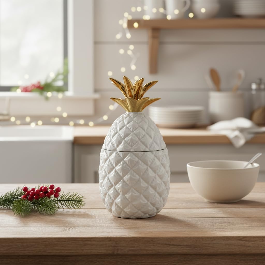 Comfy Hour Farmhouse Home Decor Collection 9" Pineapple Storage Jar Candy Jar Cookie Jar With Lid, High Gloss White and Gold Stoneware