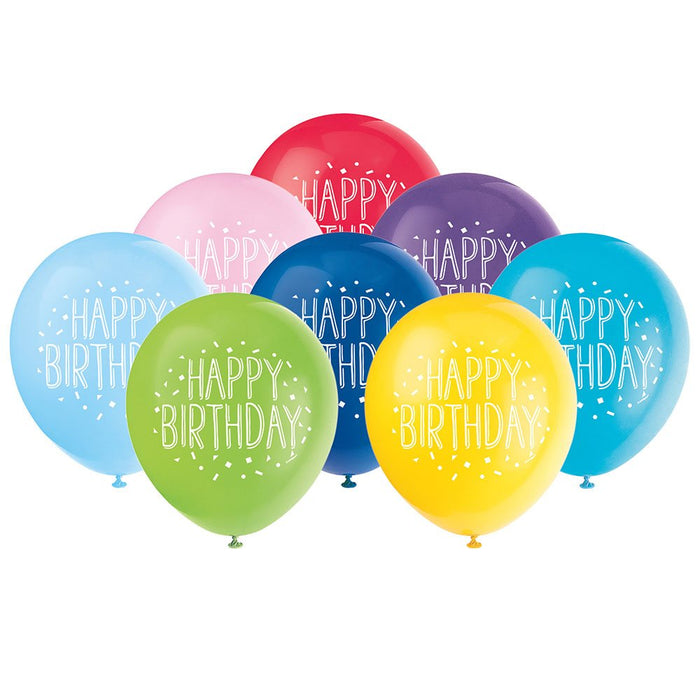 Unique Industries Assorted Color Happy Birthday Latex Balloons, 8 Ct.