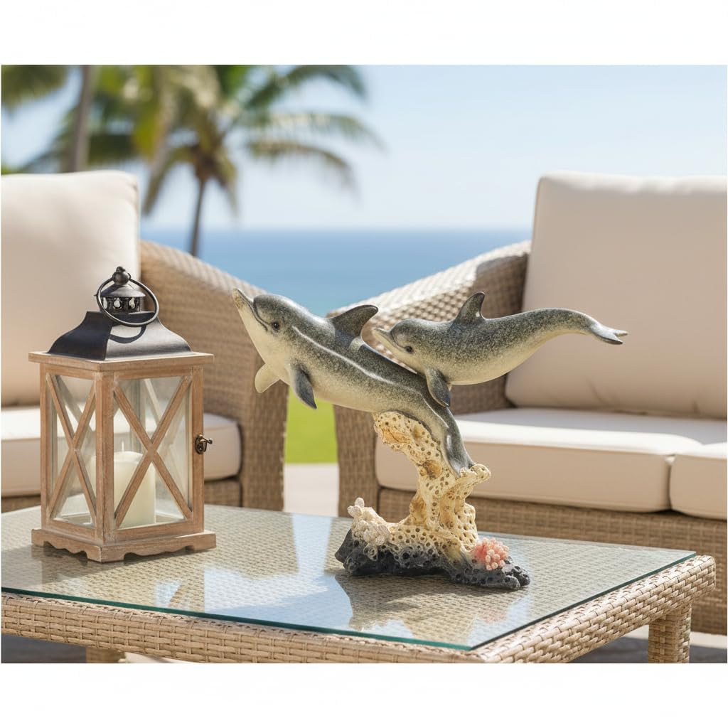 Comfy Hour Under The Sea Collection 7-Inch Two Swimming Dolphins On Coral Pedestal Coastal Ocean Theme Decoration, High Gloss Finish, Polyresin