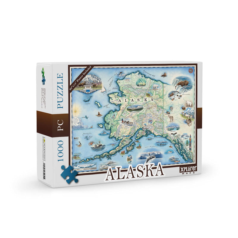 Alaska State Map Cardboard Jigsaw Puzzle - 1000 Pieces, Hand-Illustrated - Educational, Family Activity, Ages 7+, Includes Poster - 25.4 x 19.8