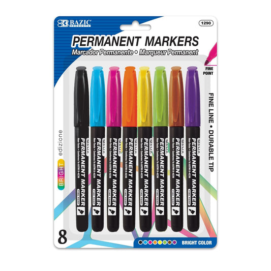 BAZIC Bright Color Fine Line Permanent Markers Pens Marcador, Coloring on Plastic Wood Glass, Art School Office (8/Pack), 1-Pack