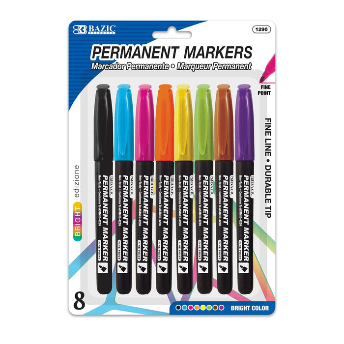 BAZIC Bright Color Fine Line Permanent Markers Pens Marcador, Coloring on Plastic Wood Glass, Art School Office (8/Pack), 1-Pack