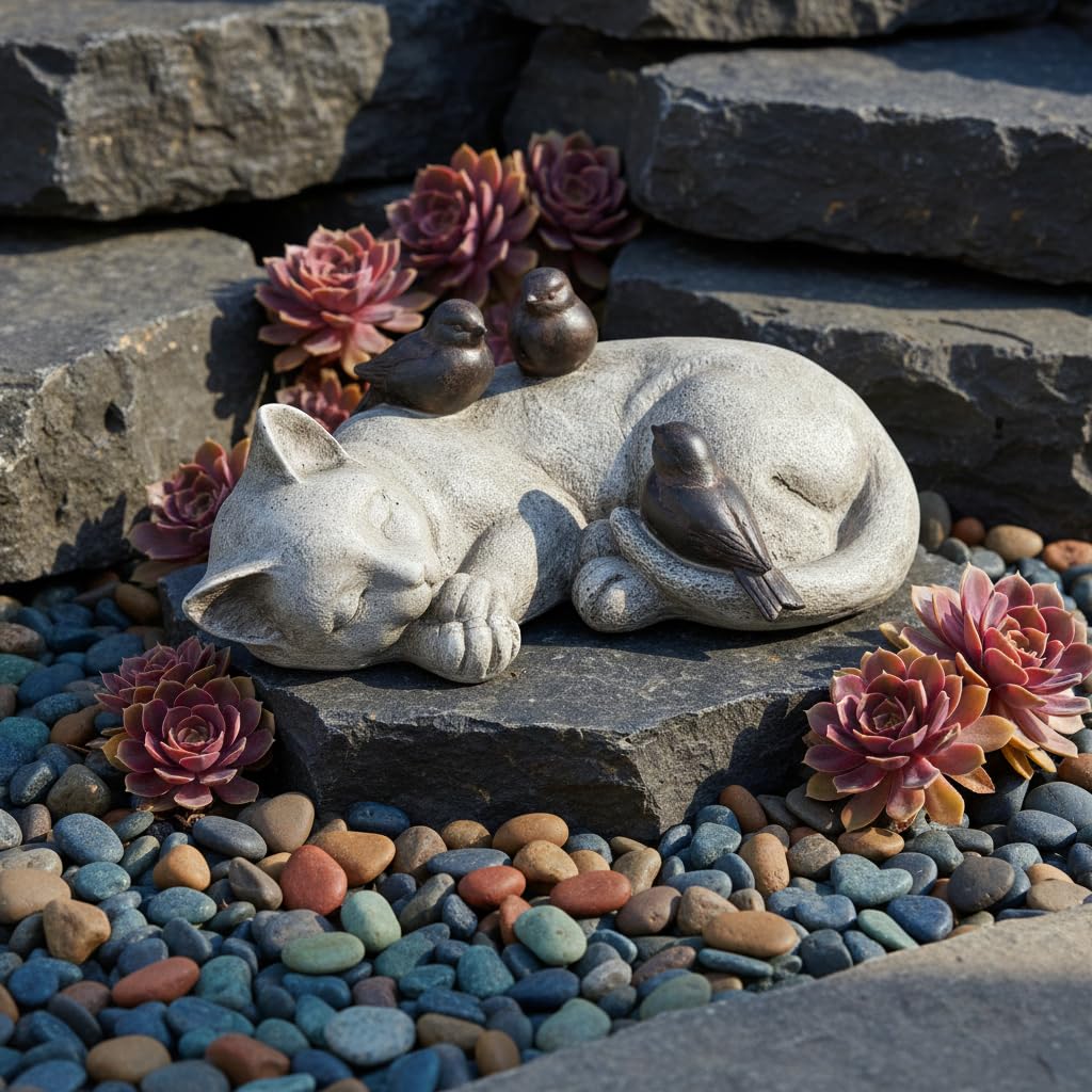 Comfy Hour Pet In Loving Memory Collection 12" Length Garden Accent Decorative Sparrows On Cat Figurine, Polyresin Statue Stone Looking