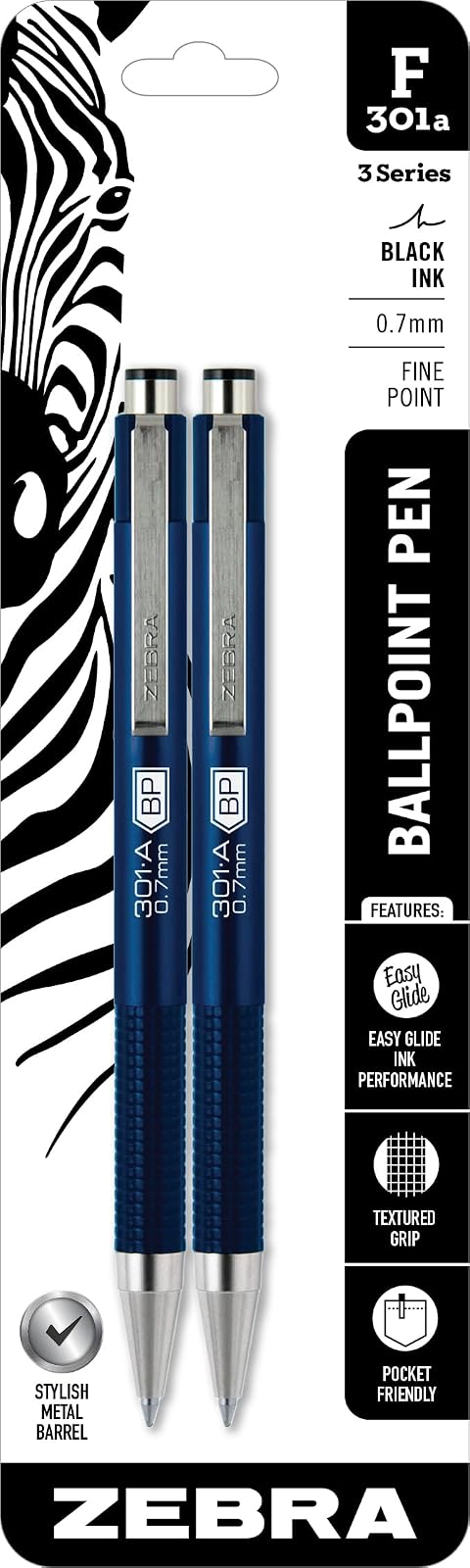 Zebra Pen F-301A Retractable Ballpoint Pen, Premium Blue Metal Barrel, Fine Point, 0.7mm, Black Ink, 2-Pack