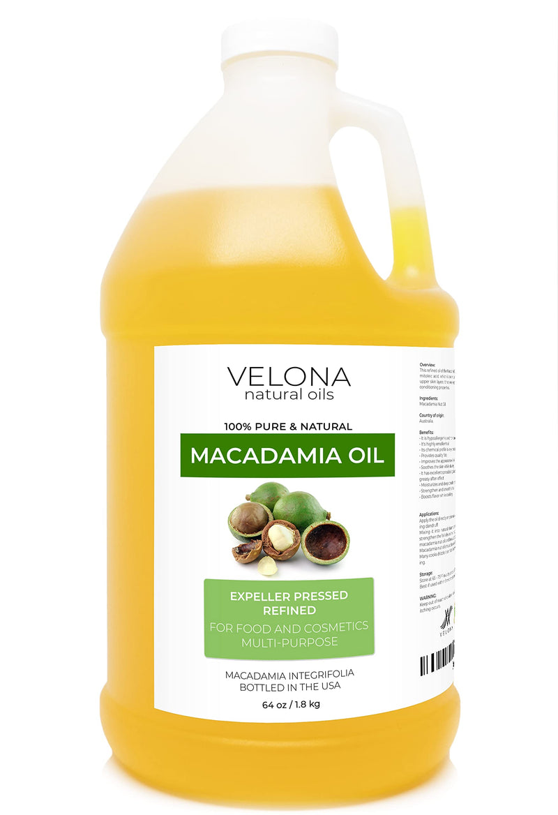 velona Macadamia Nut Oil 64 oz | 100% Pure and Natural Carrier Oil | Refined, Cold pressed | Cooking, Skin, Hair, Body & Face Moisturizing | Use Today - Enjoy Results