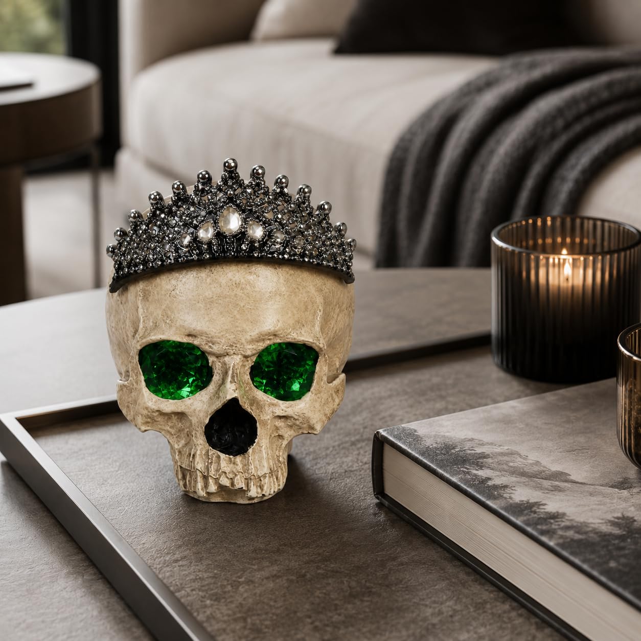 Comfy Hour Fairyland Collection Resin Horrific Human Skull Head Bone Wearing Crown with LED Light in Eyes Statue, Halloween Accent Decor, Polyresin