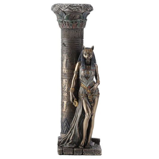 Unicorn Studio Veronese Resin Statues Egyptian Goddess Bastet Leaning On Pillar Statue 3 X 10.75 X 4.5 Inches Brown