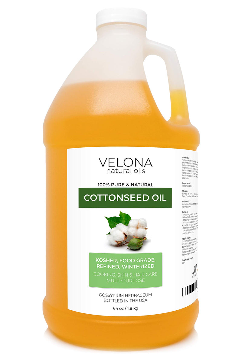 Cotton Seed Oil by Velona - 64 oz | 100% Pure and Natural Carrier Oil | Refined, Cold pressed | Cooking, Skin, Face, Body, Hair Care | Use Today - Enjoy Results