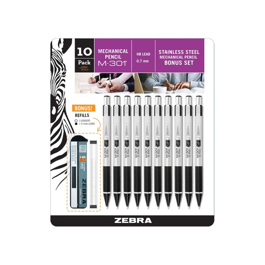 Zebra Pen M-301 Stainless Steel Mechanical Pencil, Premium Metal Barrel, Medium Point, 0.7mm, Black Grip, 10-Pack Plus Lead and Erasers, (54319)