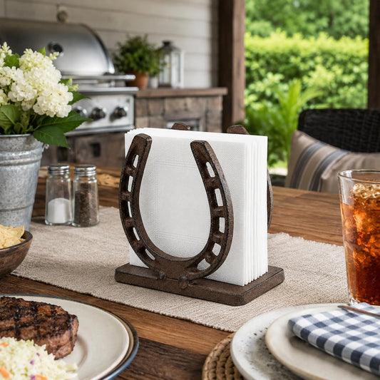 Comfy Hour Praying Antique and Vintage Collection Cast Iron Solid Heavy Horseshoe Napkin Holder, Aged Old Fashioned