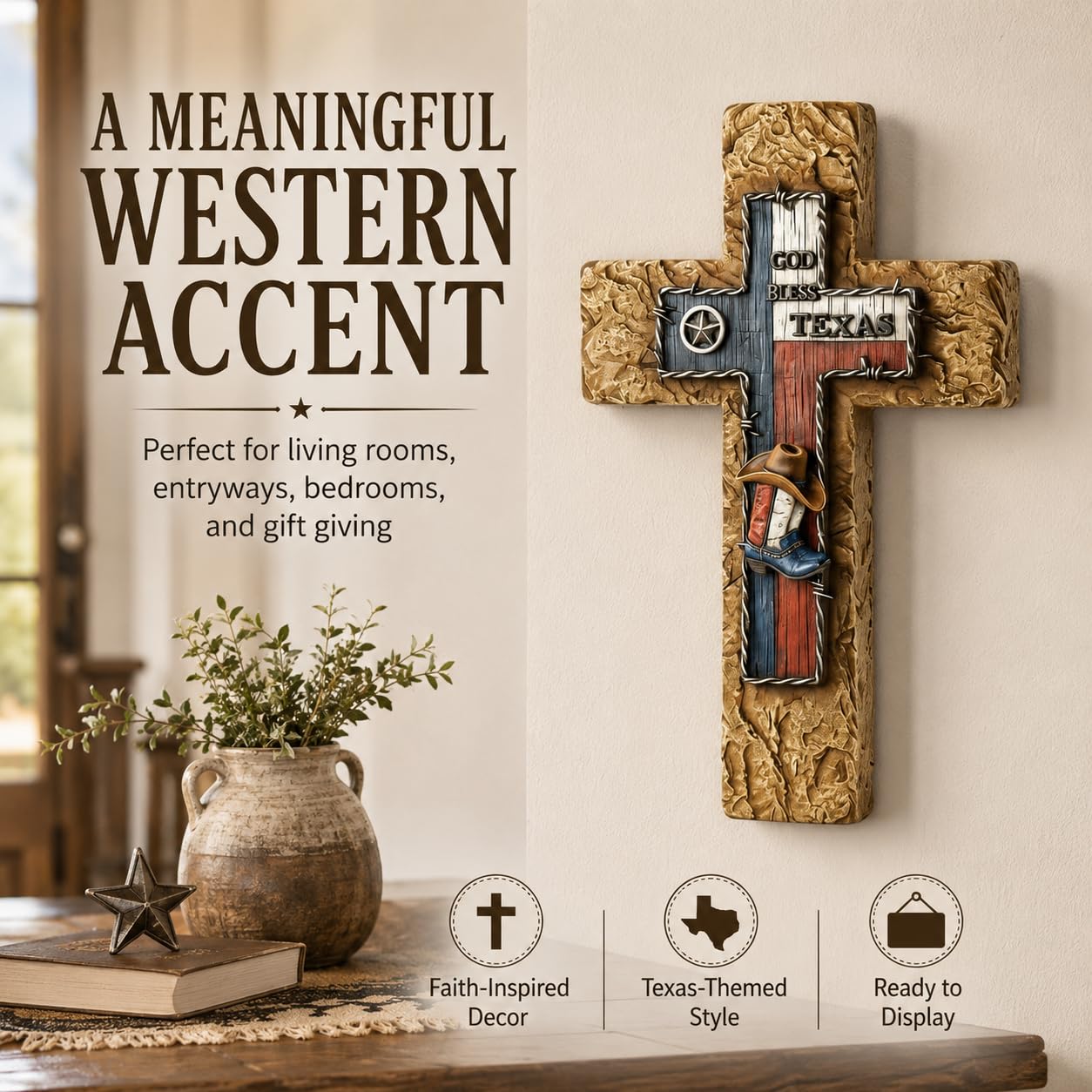 Comfy Hour 14 Inch Texas Cross Wall Decor, God Bless Texas Plaque