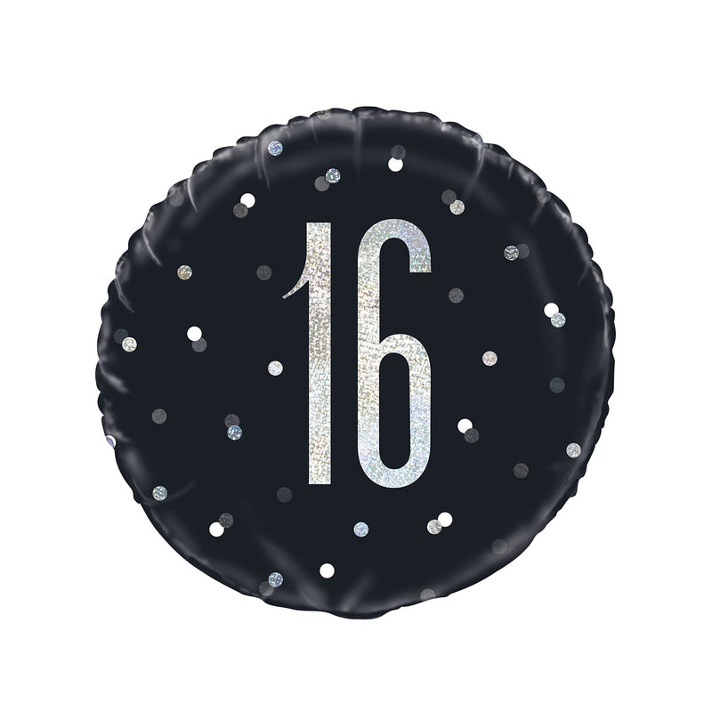 Unique 83342 Black Prismatic 16th Birthday Round Foil Balloon, 18&quot; 1 Pc, Age 16