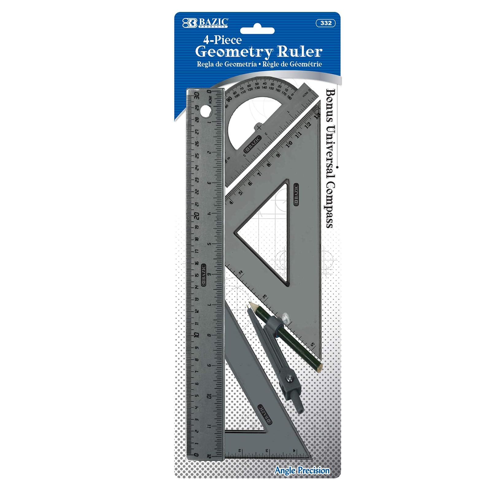 BAZIC Geometry Ruler Combination Sets w/ Compass (5-Piece)