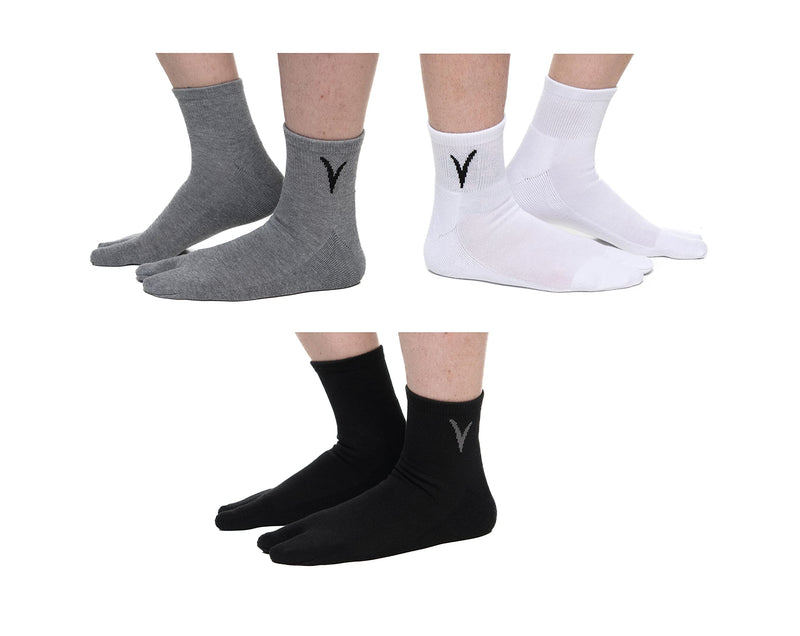3 Pairs Thicker V-Toe Flip-Flop Tabi Warmer Big Toe Socks Black, White, Grey Mini-Crew Men 8-10.5 Women 9.5-11.5