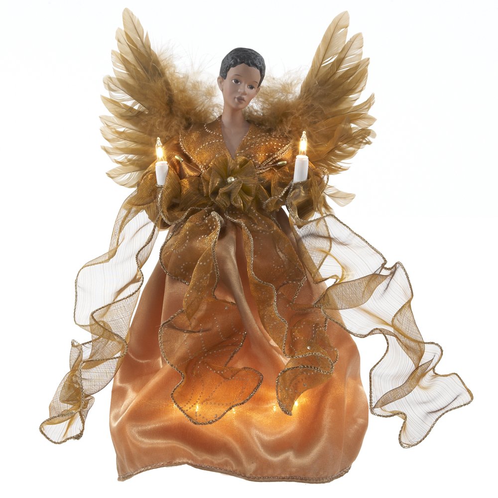 Kurt Adler UL 10-Light African American Angel Christmas Treetop Figurine, 13-Inch, Gold
