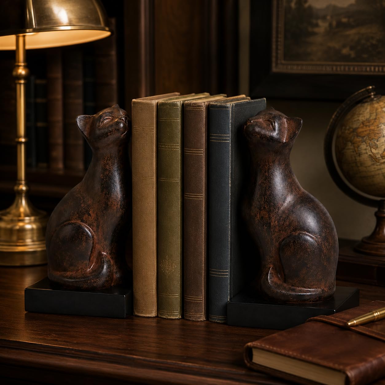 Comfy Hour Farmhouse Home Decor Collection 4" length 7" height Polyresin Set Of 2 Cats Bookends Art Bookend, 1 Pair, Brown Antique Effect
