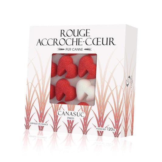 The French Farm Canasuc Paris, L'Accroche Coeur Pur Sucre de Canne Rouge et Blanc, "Window Box" of 32 Assorted French Molded Sugar "Hearts" in Red and White, 3.35 Oz