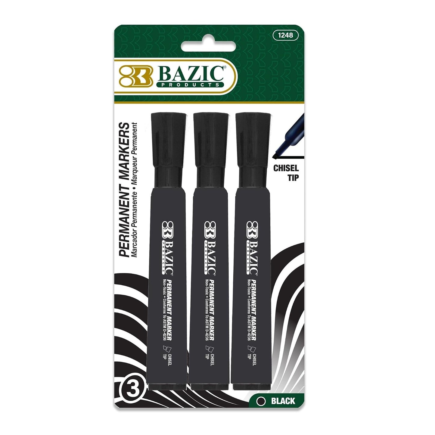 BAZIC Black Chisel Tip Permanent Markers Pens Marcador, Coloring on Plastic Wood Glass, Art School Office (3/Pack), 1-Pack
