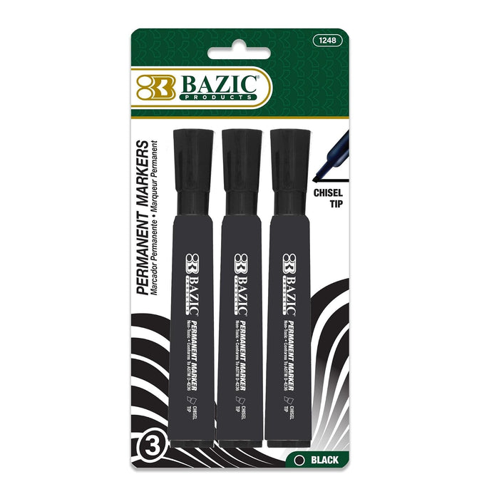 BAZIC Black Chisel Tip Permanent Markers Pens Marcador, Coloring on Plastic Wood Glass, Art School Office (3/Pack), 1-Pack