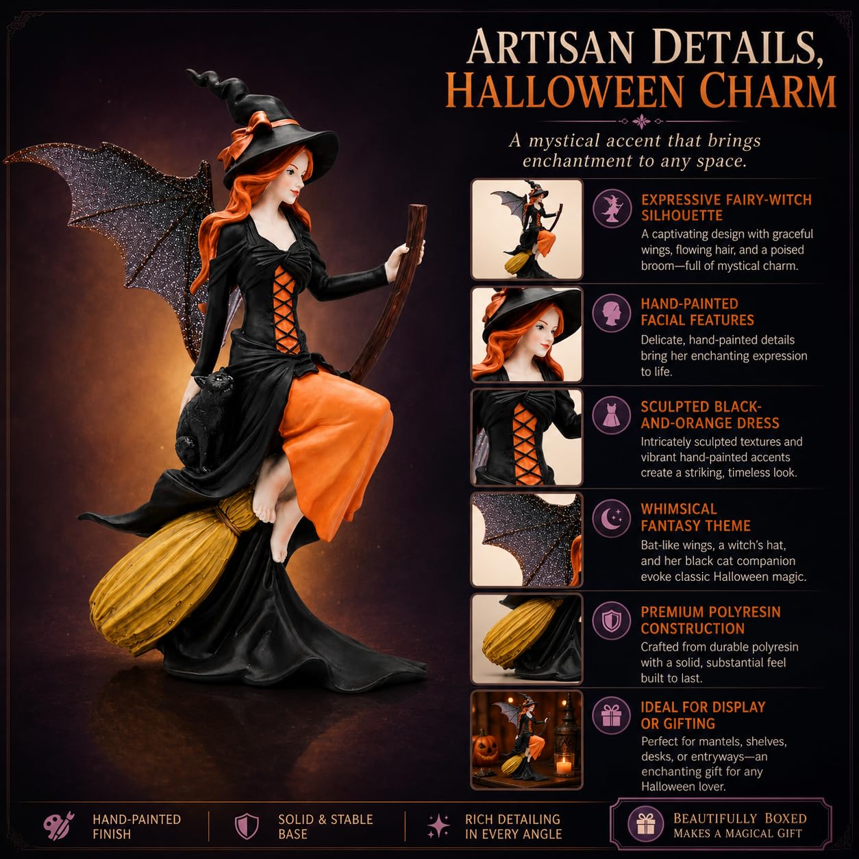 Comfy Hour 8 Inch Witch Statue, Gothic Fairy Figurine on Broom