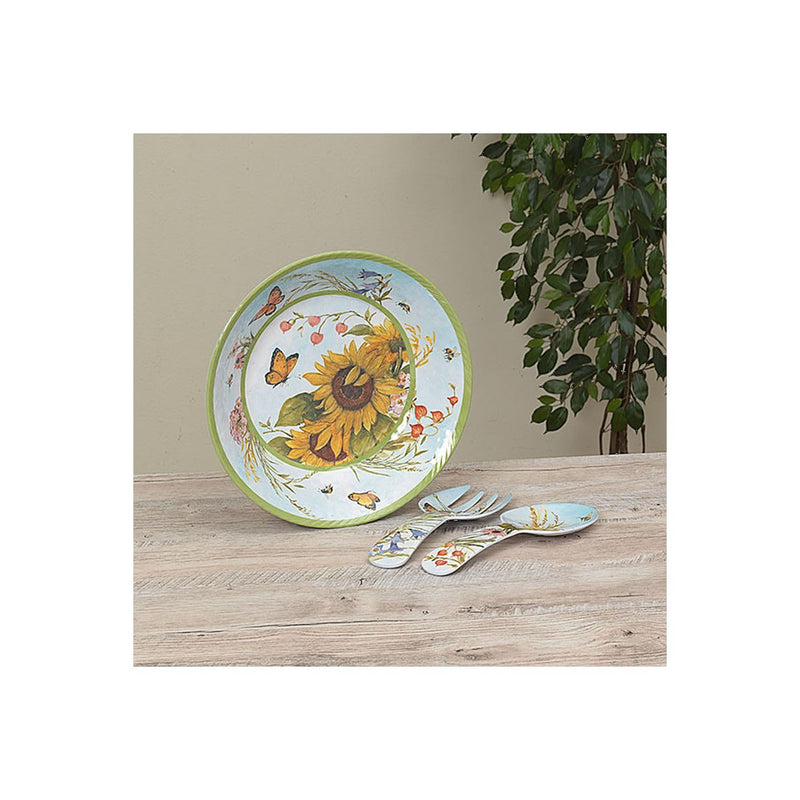 Gerson 3-Pc Set W / 12.9" D Melamine Sunflower Design Salad Bowl, Fork & Spoon