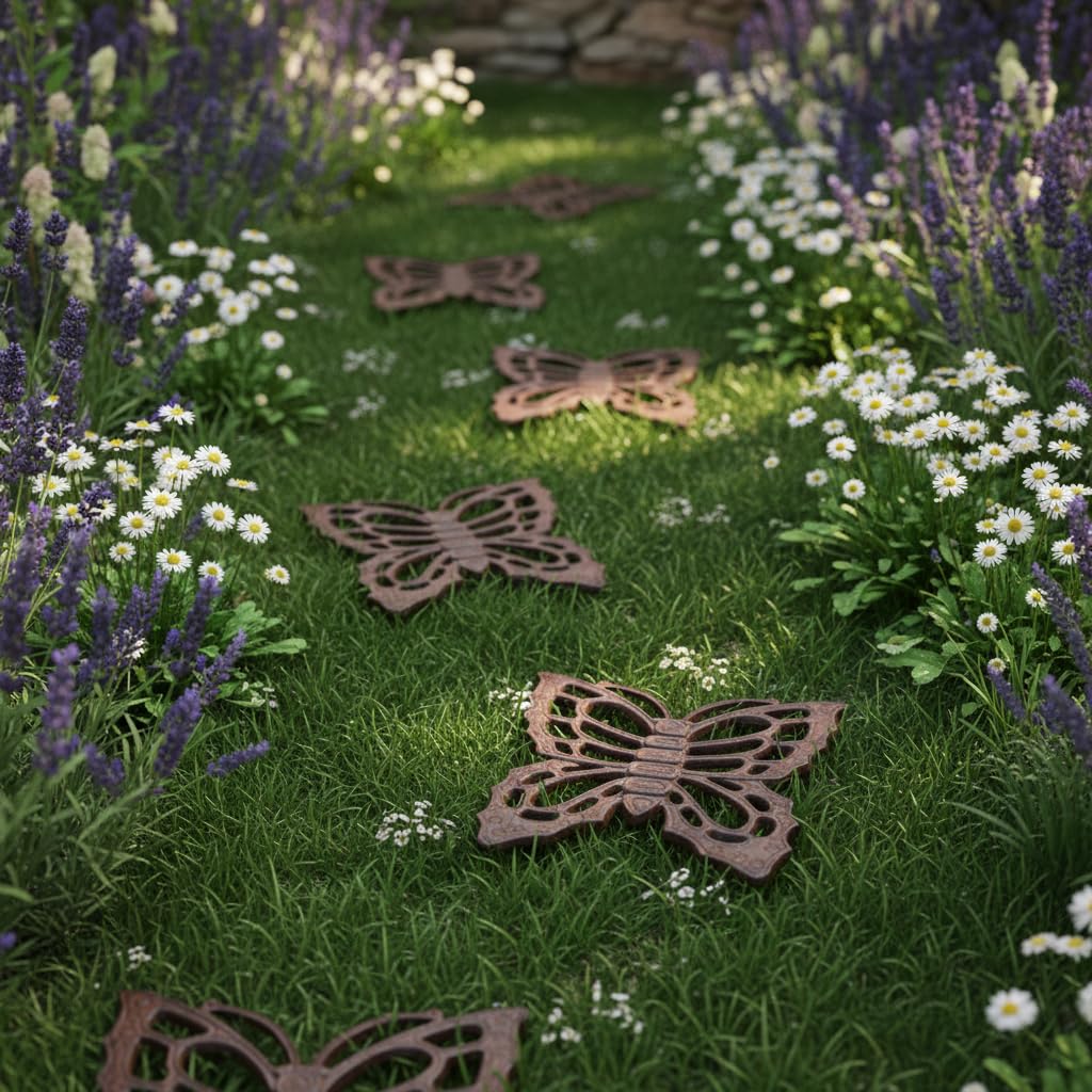 Comfy Hour Rustic Style Outdoor Collection Cast Iron Garden Stepping Stone - Butterfly (Vintage Wash Black), Set of 2