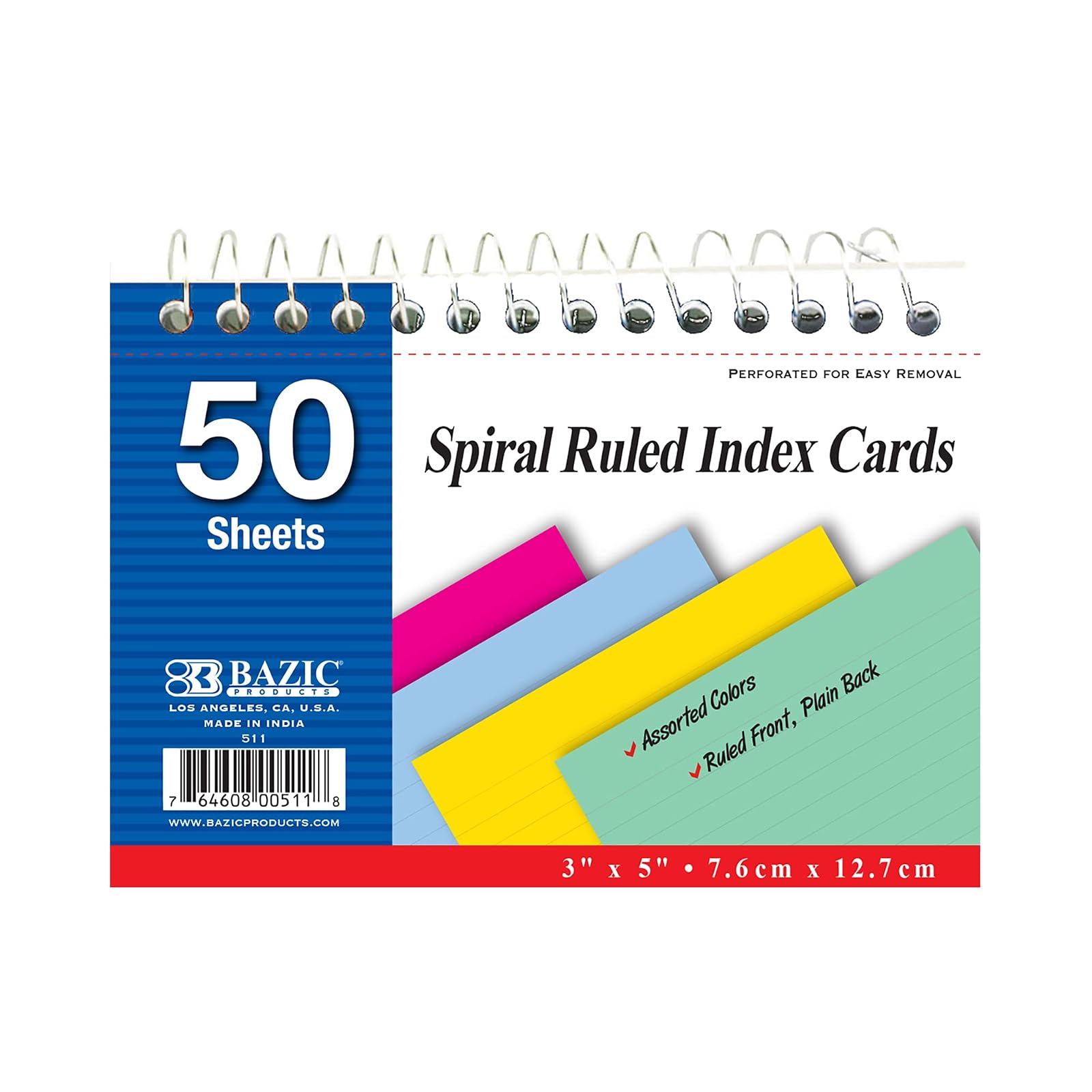 BAZIC 50 Ct. Spiral Bound Index Cards. 3x5 Perforated Flash Cards for School, Stationery, or Office Supplies