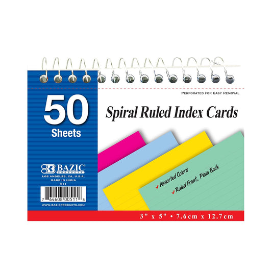 BAZIC 50 Ct. Spiral Bound Index Cards. 3x5 Perforated Flash Cards for School, Stationery, or Office Supplies