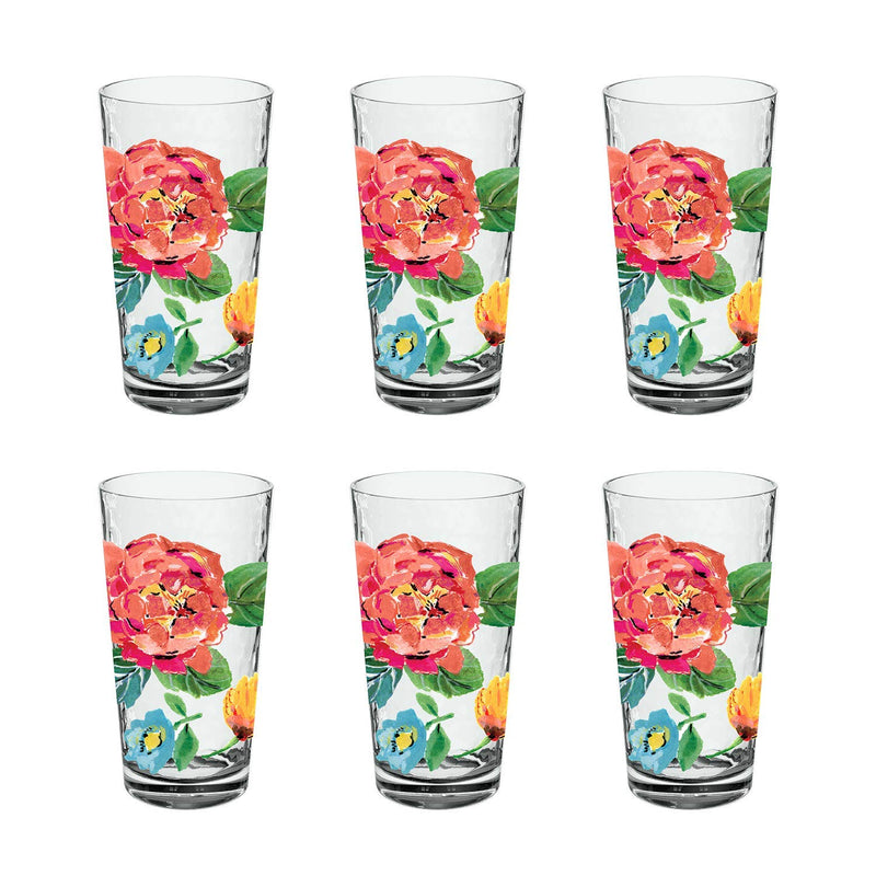 TarHong Garden Floral Jumbo Glass, 21.5 oz., Premium Plastic, Set of 6