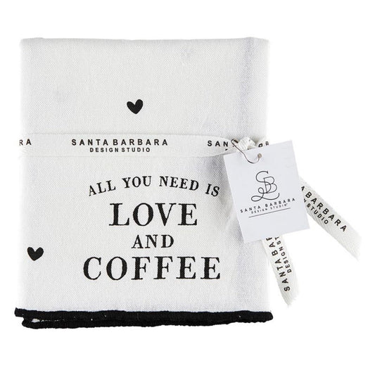 Santa Barbara Design Studio Kitchen Towels Coffee-Themed Soft Cotton Linen Blend White and Black Overlock Tea Towel, 28" x 18", Love & Coffee