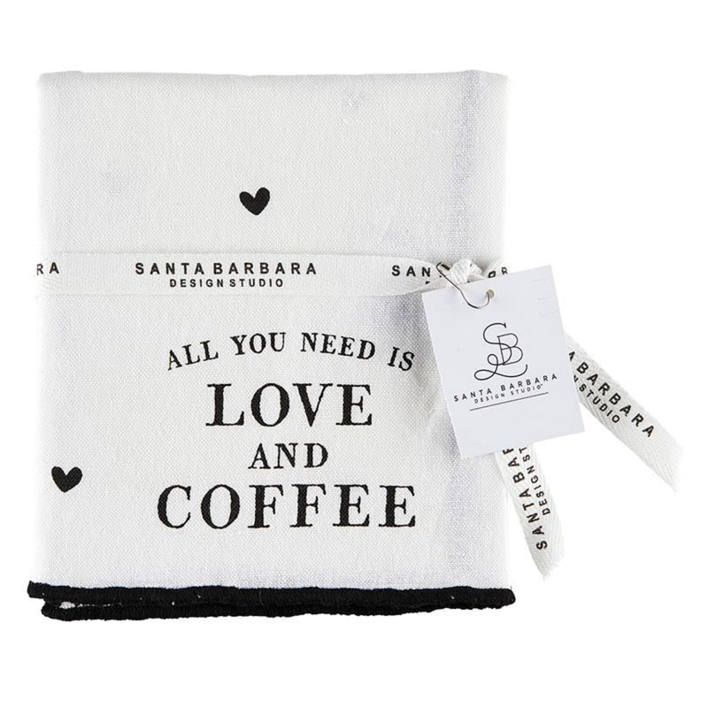 Santa Barbara Design Studio Kitchen Towels Coffee-Themed Soft Cotton Linen Blend White and Black Overlock Tea Towel, 28" x 18", Love & Coffee