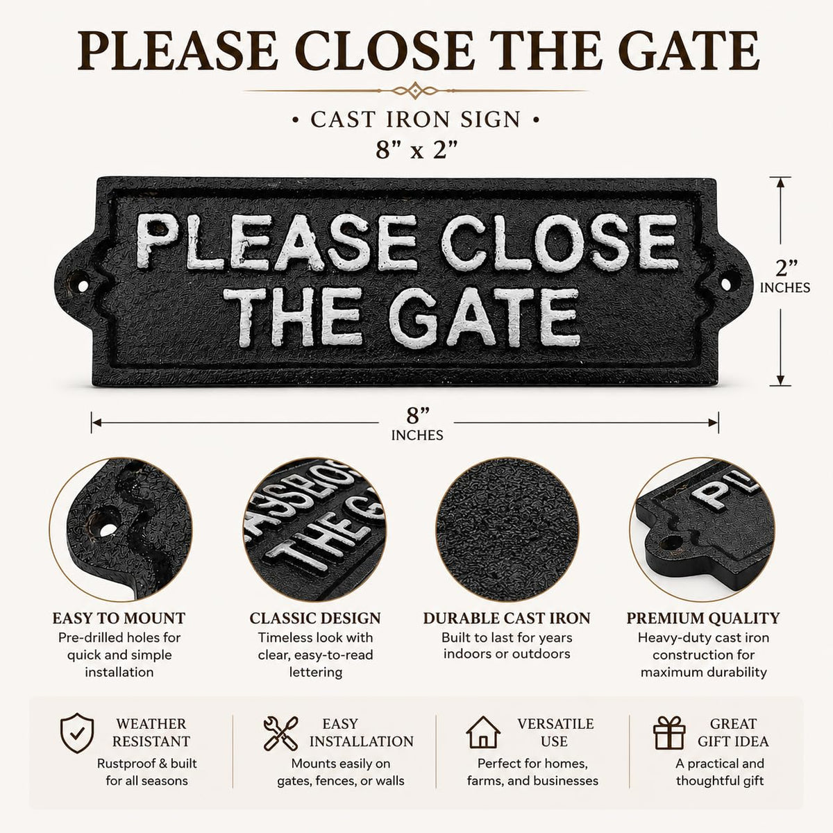 Comfy Hour Antique and Vintage Collection Cast Iron Please Close The GATE Plaque, 8x2 Color Black