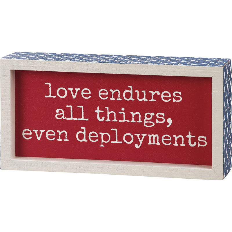 Inset Box Sign Love is Endless "Love Endures All Things, Even Deployments" sentiment on patriotic red background. Box sign frame features blue color with debossed star details and inset design.
