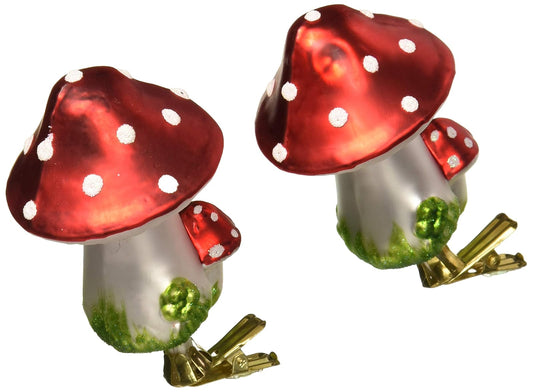 Kurt Adler 2-Piece Glass Clip-On Mushroom Ornament Set, 4-Inch